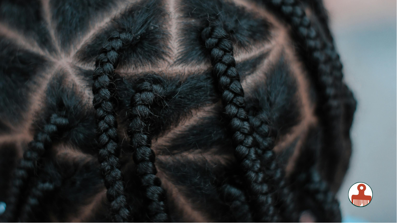 Close-up of a person's dark hair styled in geometric braids and cornrow patterns, viewed from the back. White script text in the upper left reads 'Hair as language' and there is a small circular logo in the lower right corner.